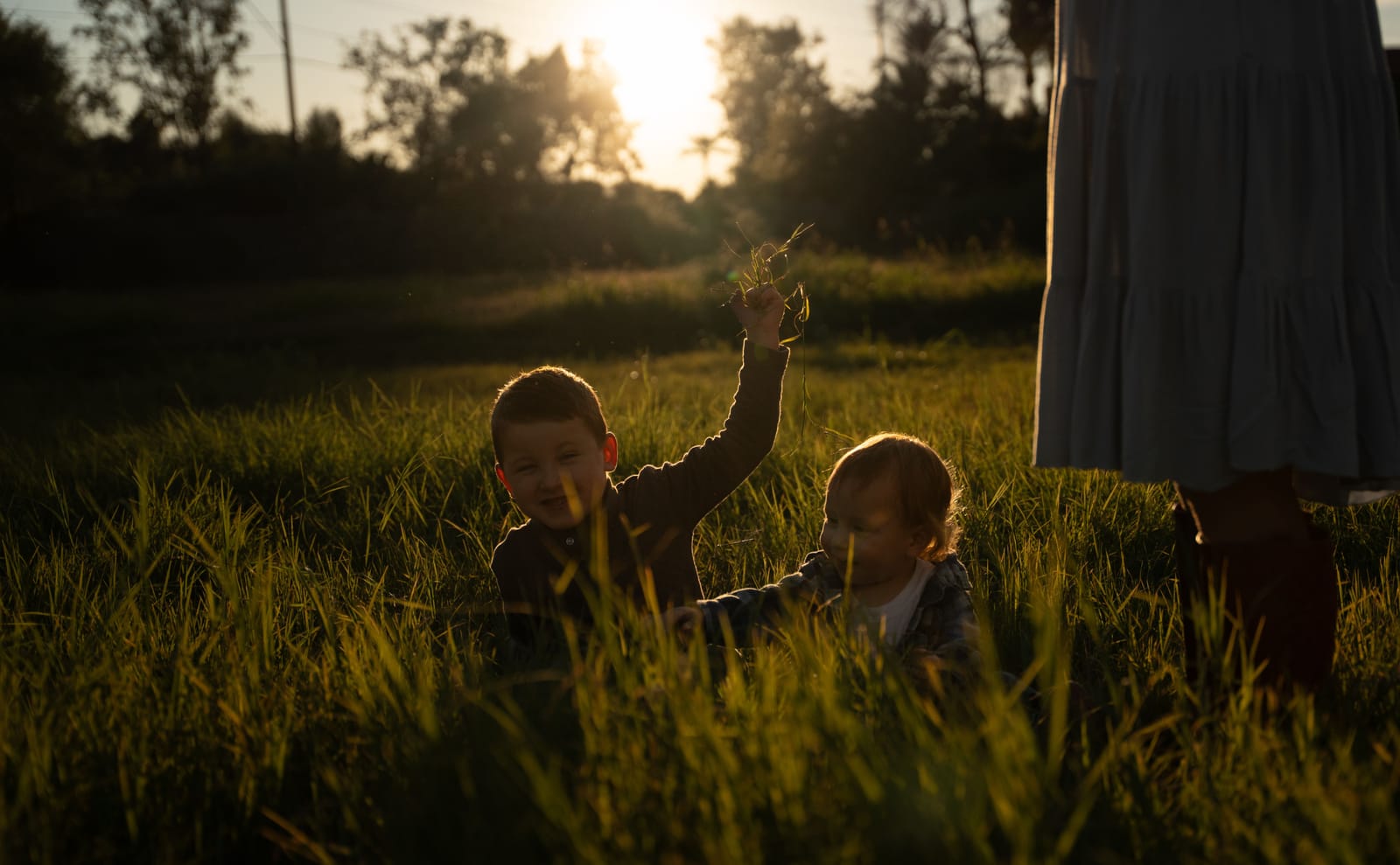 Child playing in tall golden grass at sunset, family photography in Phoenix, Arizona