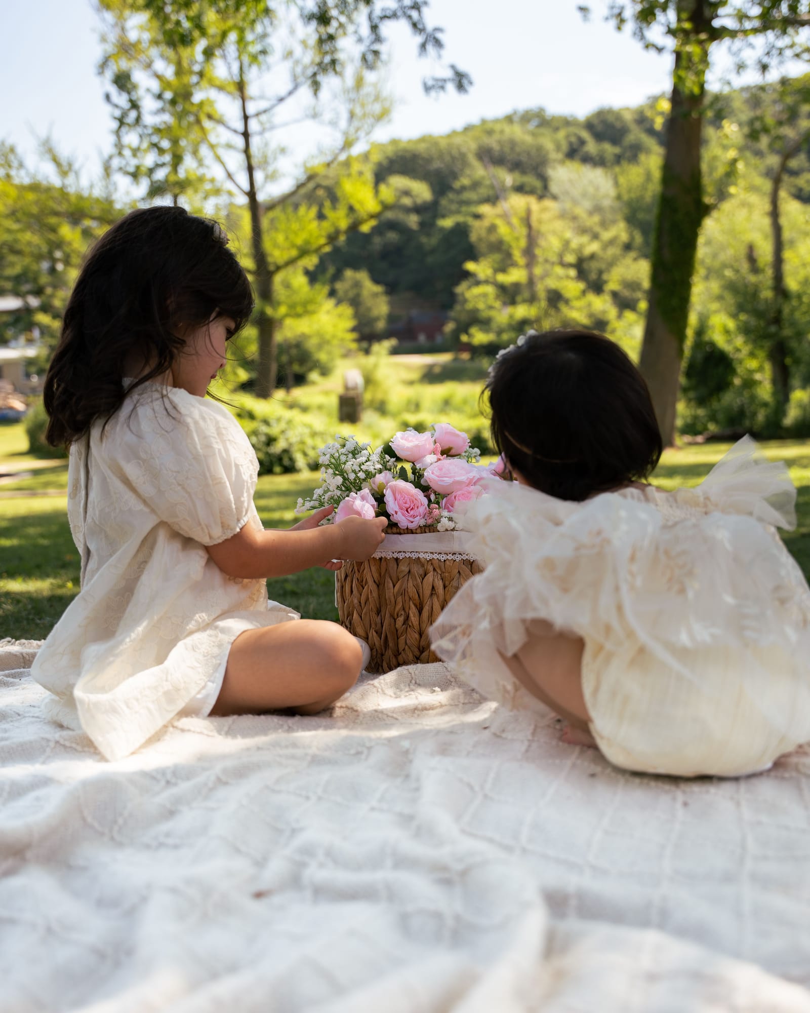 Two sisters seen from behind on a picnic blanket reaching toward a basket of roses, Roslyn, New York
